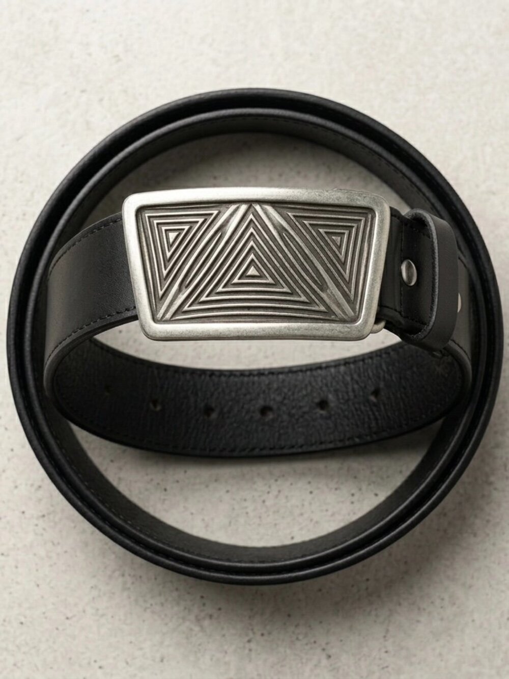 Geometric Triangle Genuine Leather Belt Antique Silver Engraved Statement Buckle